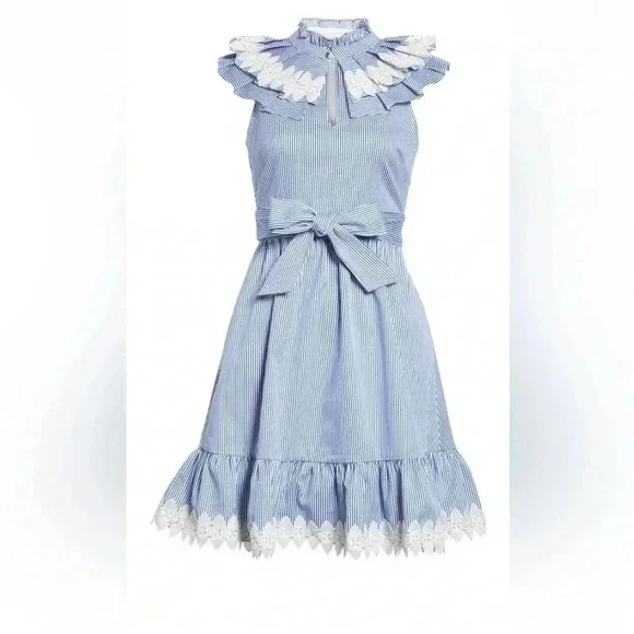 809 Ted Baker stripped blue white lace detail midi dress size 4 - Picture 6 of 14